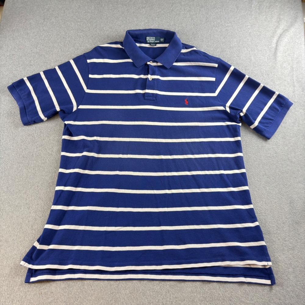 Polo Ralph Lauren Mens 2XLT Tall Blue White Striped Cotton Pique Polo Shirt